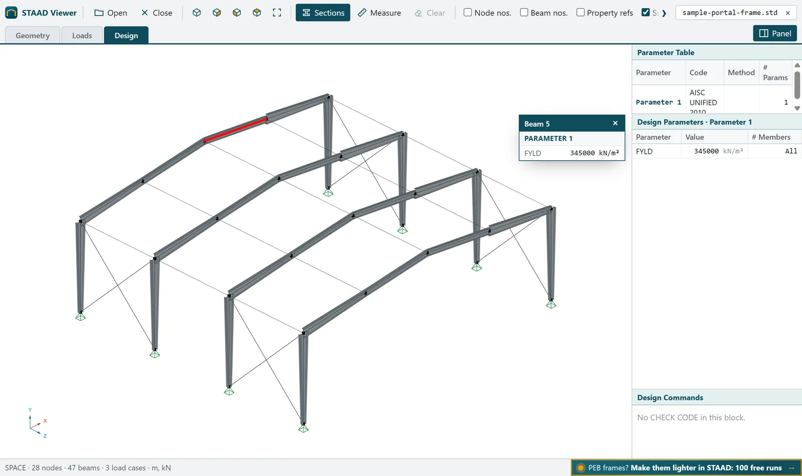 STAAD Viewer, Design: the parameter table and the design parameters of one selected beam
