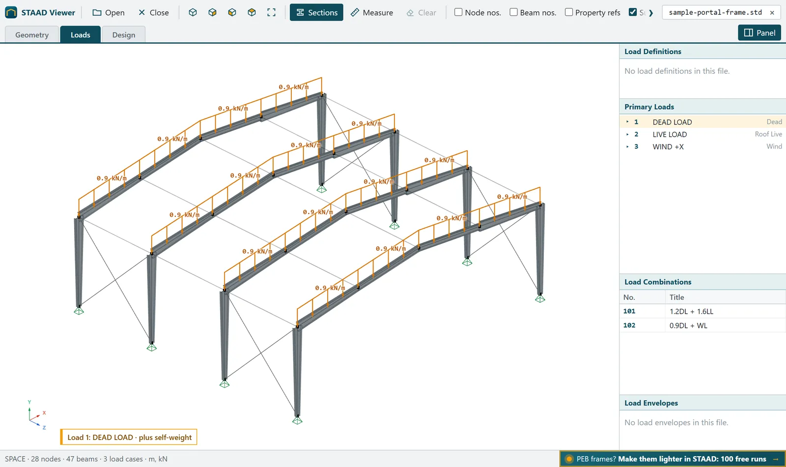 STAAD Viewer, Loads: the dead load drawn on every rafter, with the load cases and combinations listed beside it